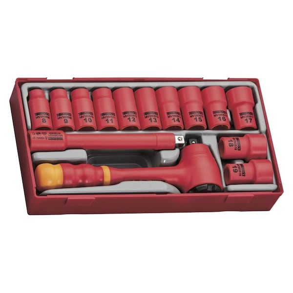 Teng Tools 14 Piece 3/8 Inch Drive Metric 6 Point 1000 Volt Shallow Insulated Socket TTV3814 - main
